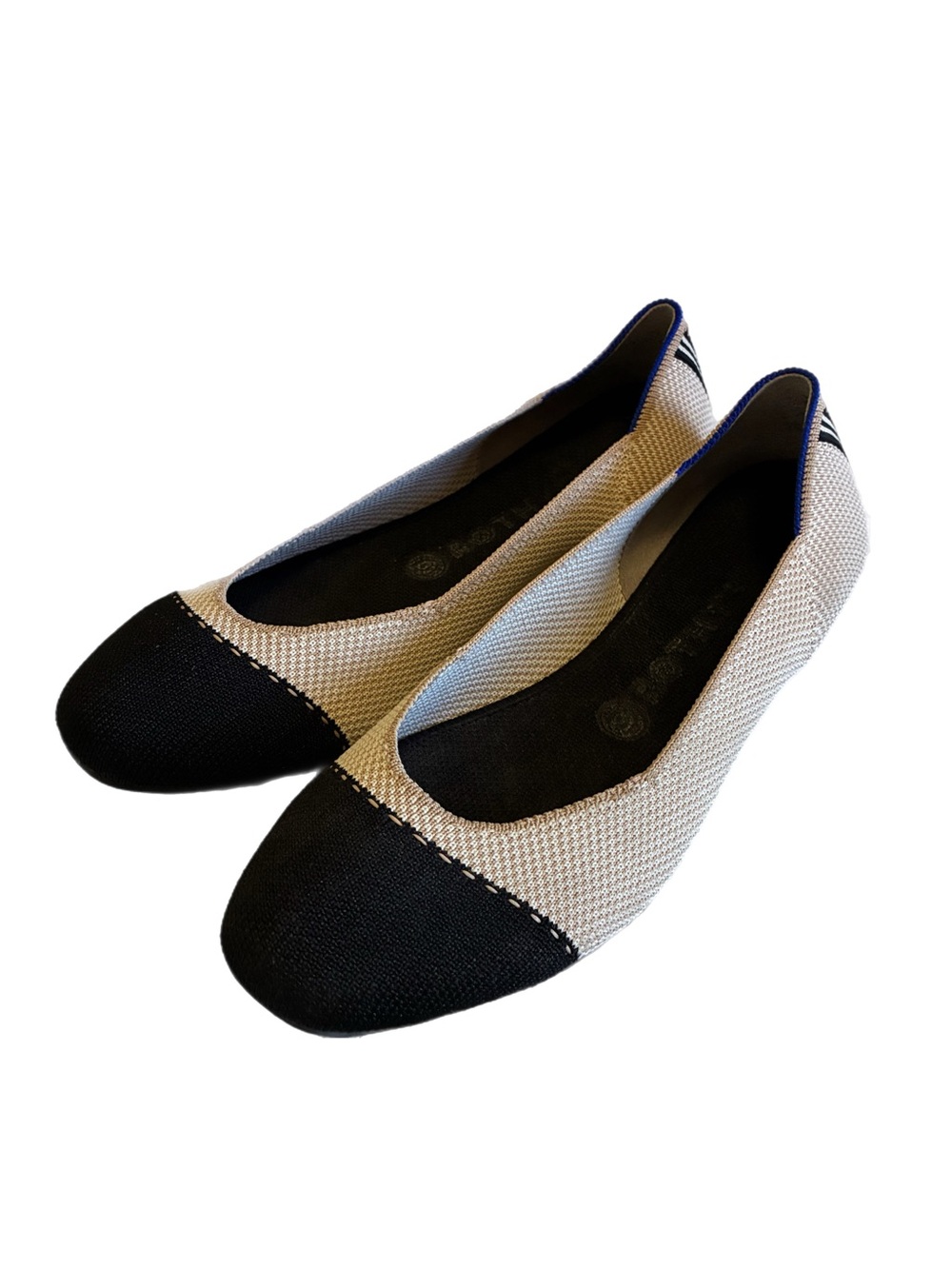 Rothy’s The Square Flats Tuxedo Colorway Cap Toe Classic Preppy Beige/Black Sz 9